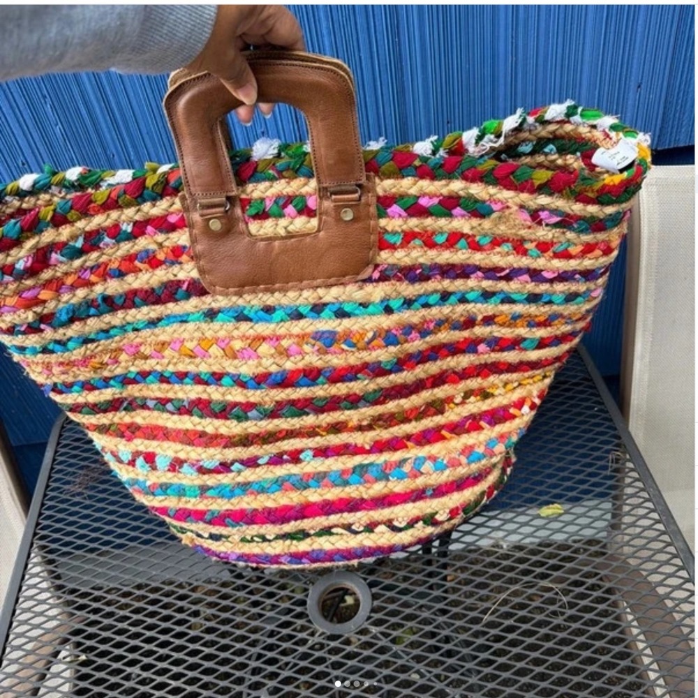 Braided Tote Bag Large Multicolor Boho Jute Leather Handle Market Bag